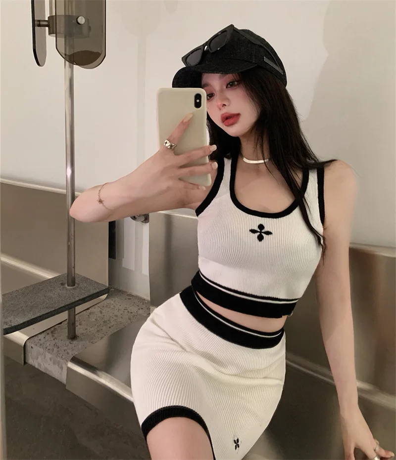 

Summer Sexy Knit Skirt Set Korean Two 2 Piece Set Women Casual Crucifix Camisole Vest Top + High Waist Knitted Hip Skirt Suit