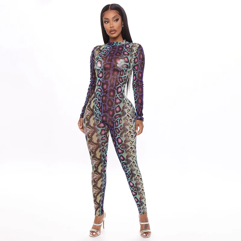 2022 Autumn New Hot Sale Women's Serpentine Print Hip Lift Tight Women's Casual Jumpsuit