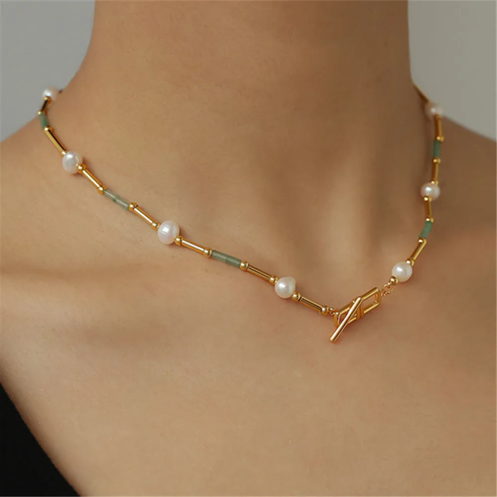 

Ожерелье из натурального жемчуга и зеленого камня, Прошитые бусины, латунное позолоченное пасторальное нежное стильное нишевое винтажное ...