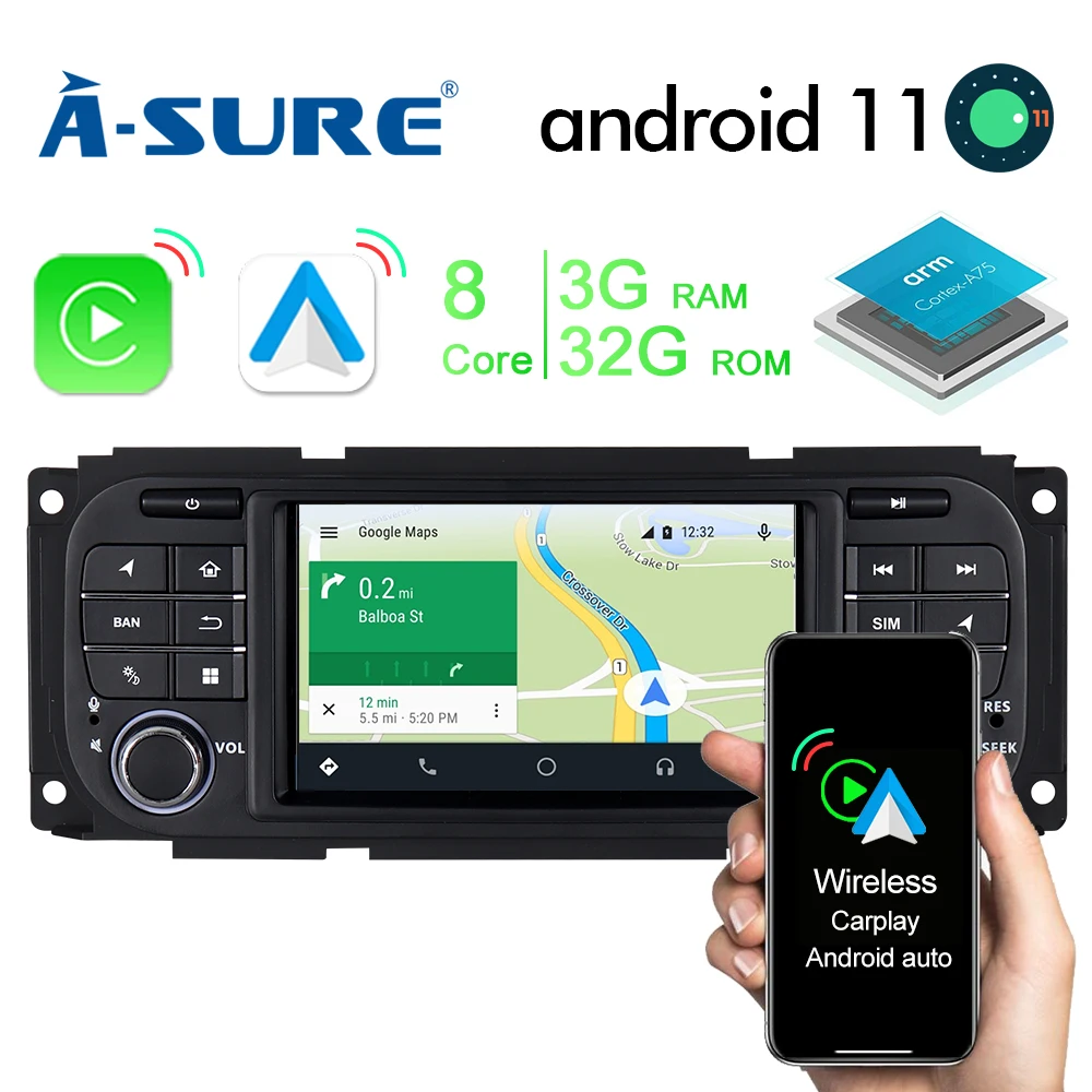 

A-Sure Wireless CarPlay Android 11 Radio 3+32GB 8-Core WIFI DSP 4G+ GPS Navigation For Jeep Grand Cherokee PT Cruiser Sebring