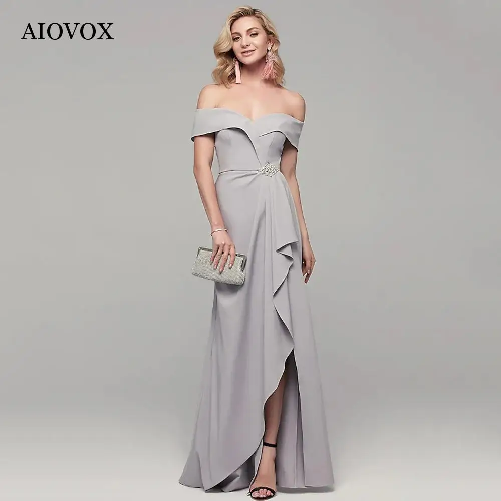 

AIOVOX Formal Elegant Chiffon Evening Dresses Split Off The Shoulder A-Line Simple Vestido De Noche With Beading Robes De Soirée