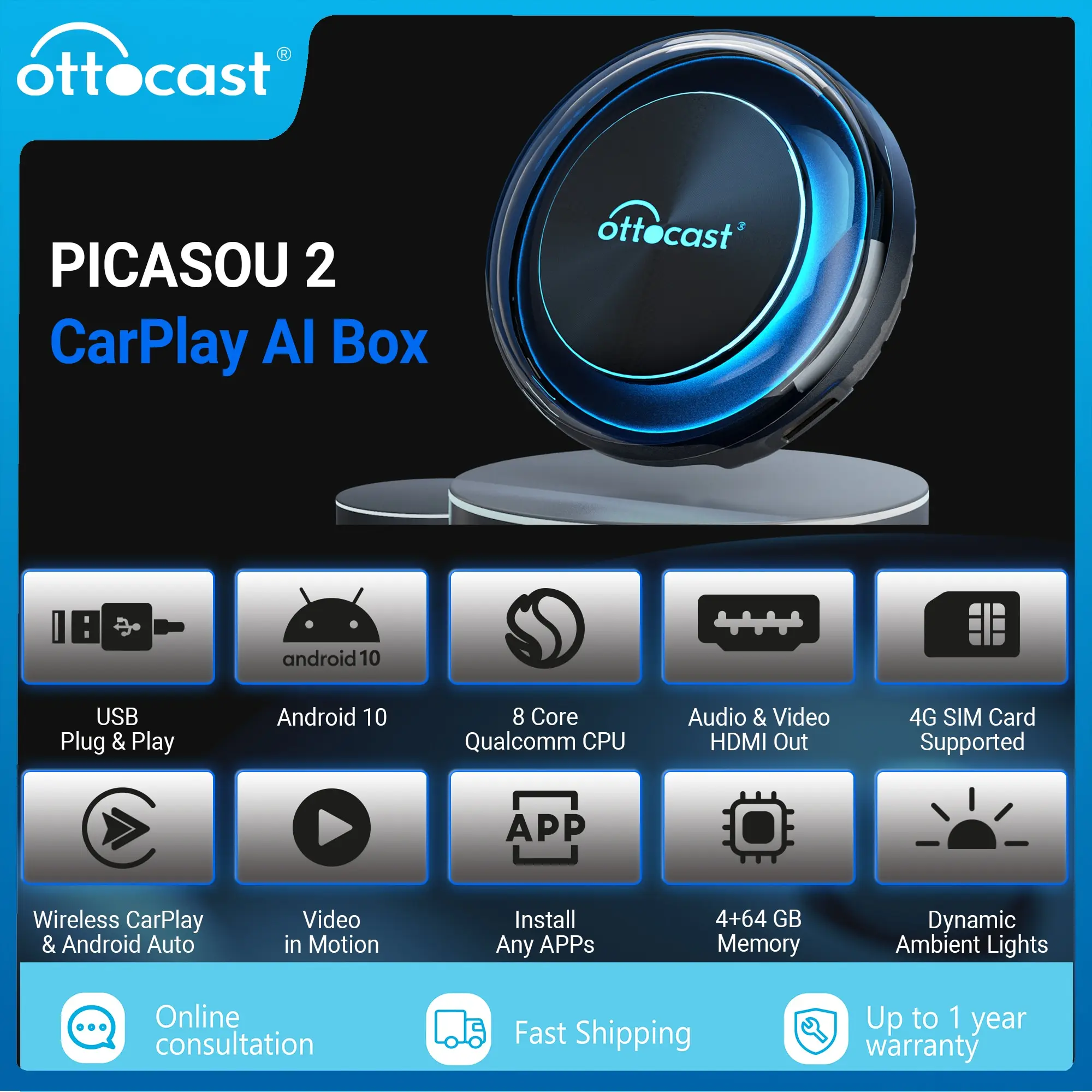 OTTOCAST PICASOU 2 CarPlay AI Box Wireless CarPlay Android Auto Snapdragon 665 Android 10 HDMI Output Multimedia Player for Audi