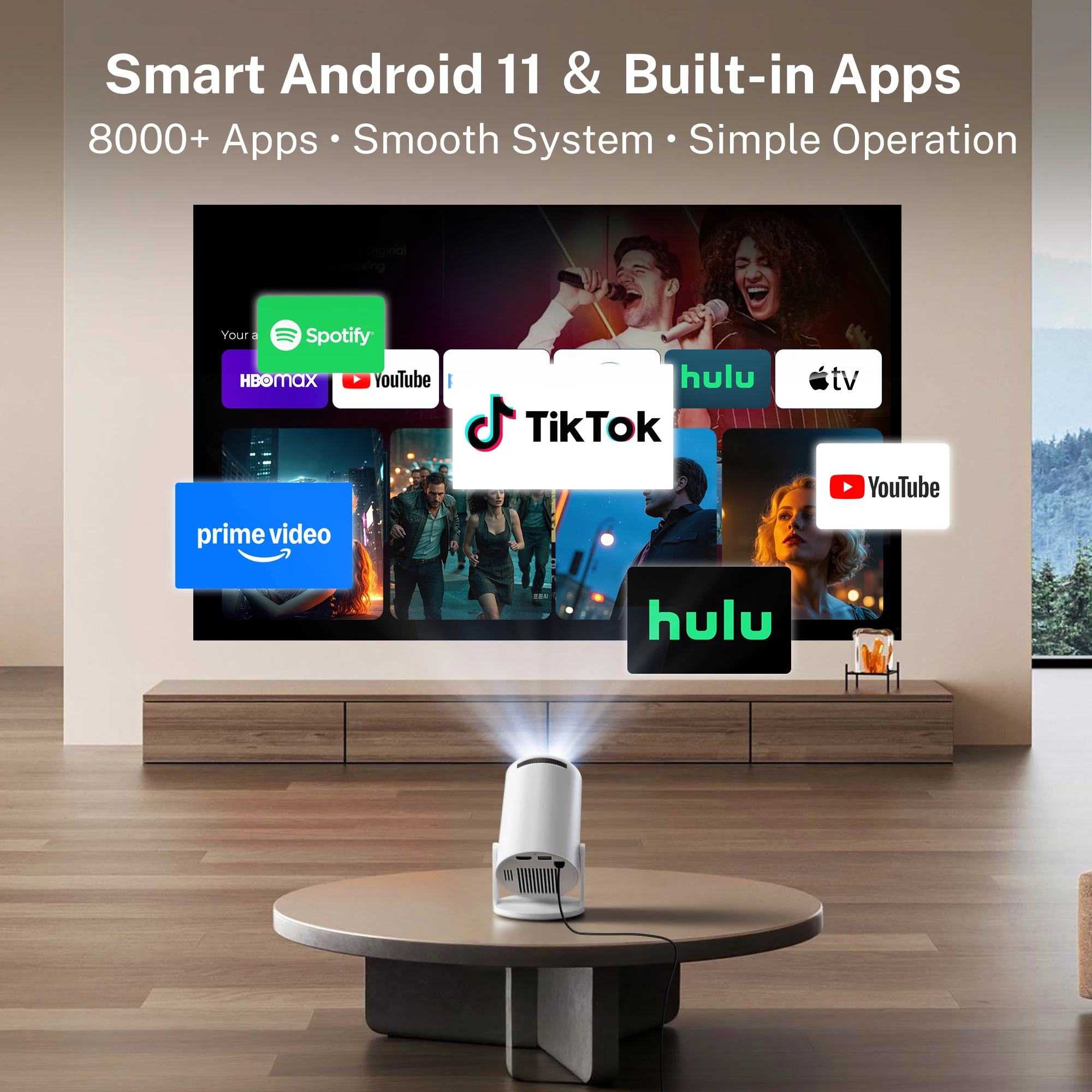 Фото Мини-портативный проектор с поддержкой 4K, 720P, Android 14, автоматической коррекцией трапецеидальных искажений, 5G WiFi 6, Bluetooth 5.4, умный беспроводной для дома и улицы №2