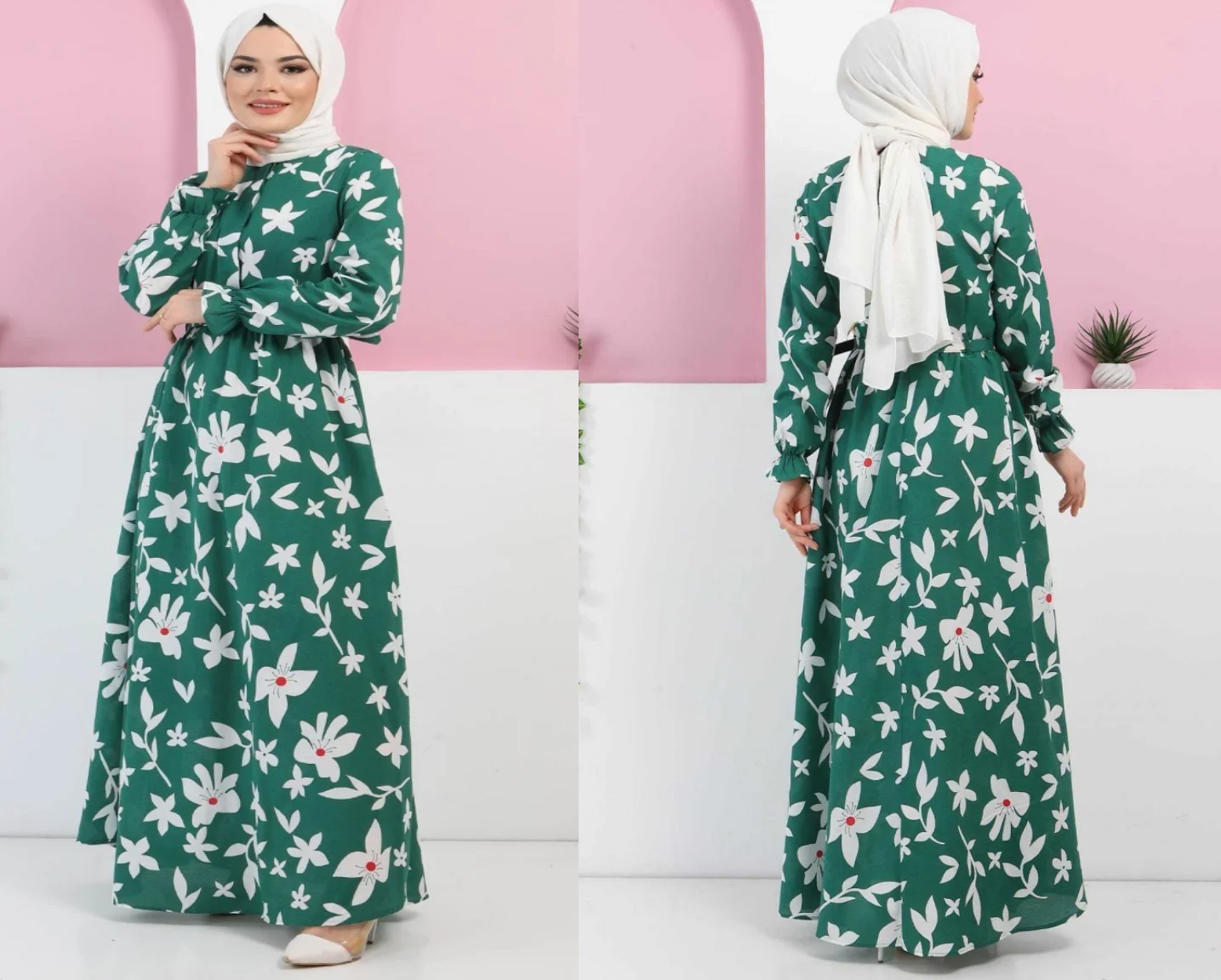

New Season 4 Seasons Muslim Women green flower pattern button zipper belt long rubber sleeve unlined dress casual fashion elegant kerchief