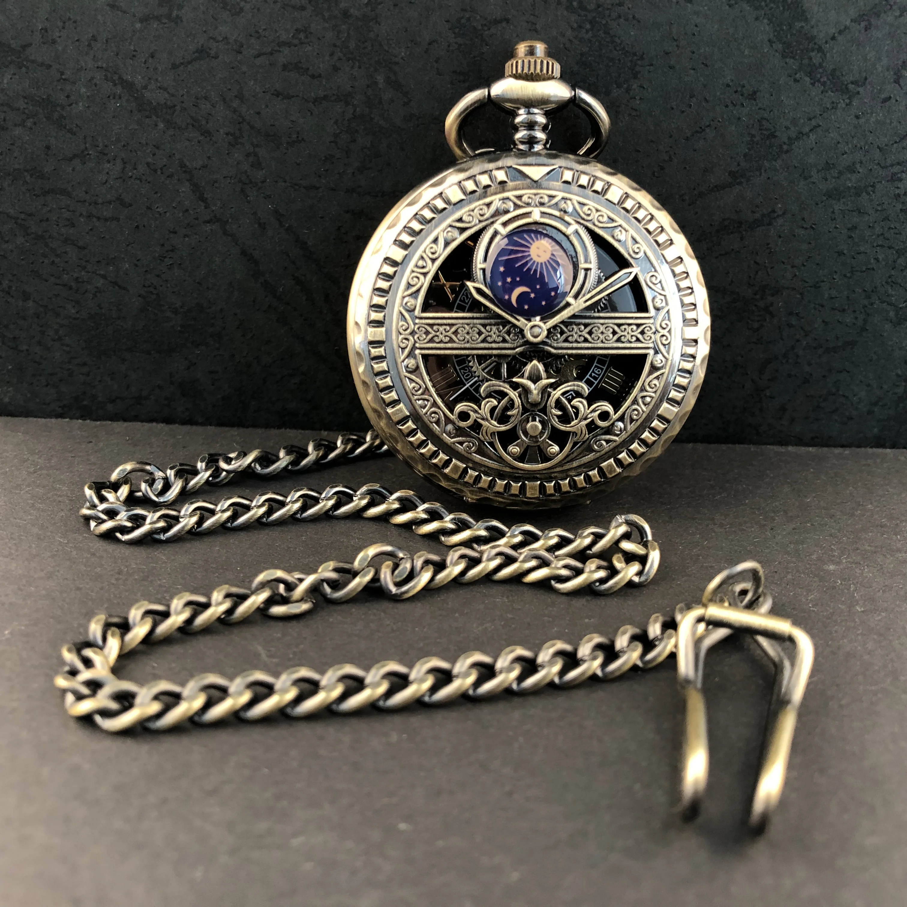 Exquisite Carved Stars And Moon Mechanical Roman Numerals Pocket Watch Necklace Pendant Gifts For Women Or Man with Fob Chain