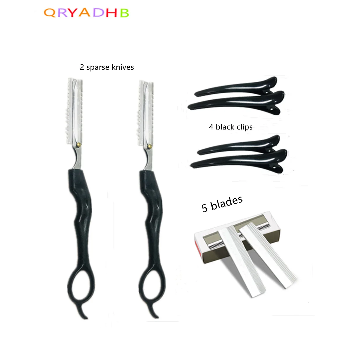 

Hair Salon Shop Special Bangs Thinning Tool Combination (2 Thinning Knife Holders, 5 Stainless Steel Blades, 4 Black Clips)