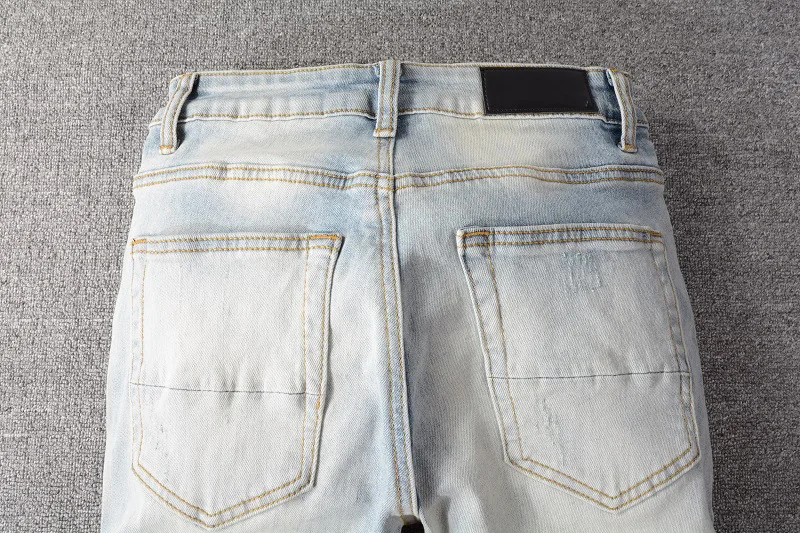 Korean Style New Arrivals Men's Light Blue Ripped Denim Pants Distressed Skinny Stretch Destroyed Patches Casual Jeans 28-40