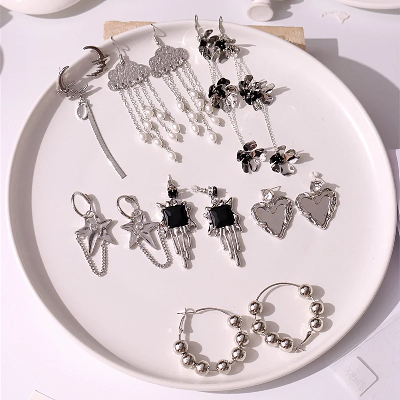 

HUANZHI Star Moon Black Zircon Pearl Flowers Chain Tassel Irregular Silver Color Metal Drop Earrings New Party Jewelry for Women