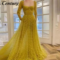 century luxury pearls prom gown tulle long sleeves evening dress sweetheart bones sweep train prom dress with pocket formal gown