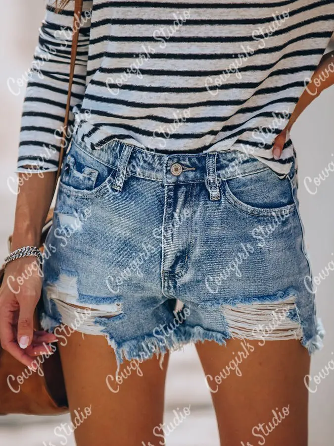 

Women's ripped jeans High waist fringed hollow skinny jeans Fashion trend summer new washed denim shorts Women's hot pants