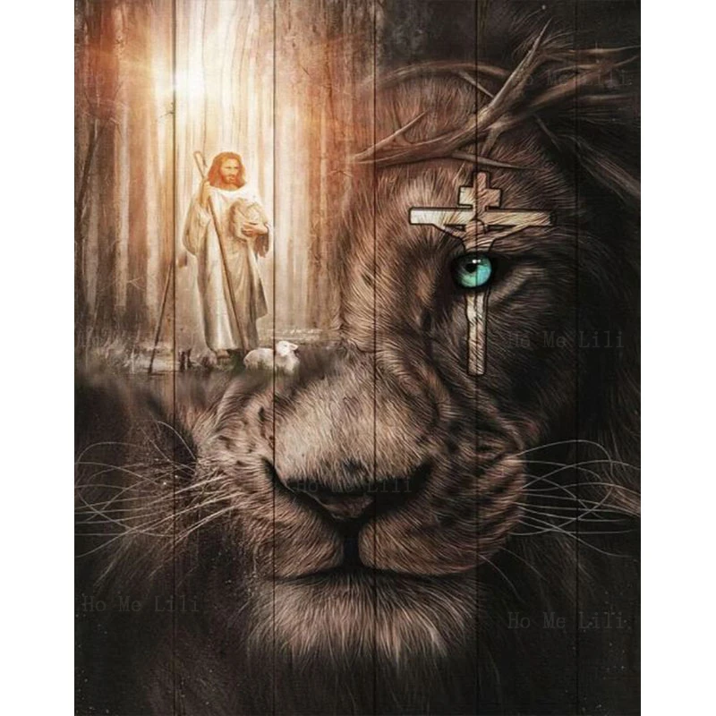 

Judah Lion And Jesus Resurrection And Sacrifice Christian Christ On Cherubim Canvas Wall Art By Ho Me Lili For Livingroom Decor