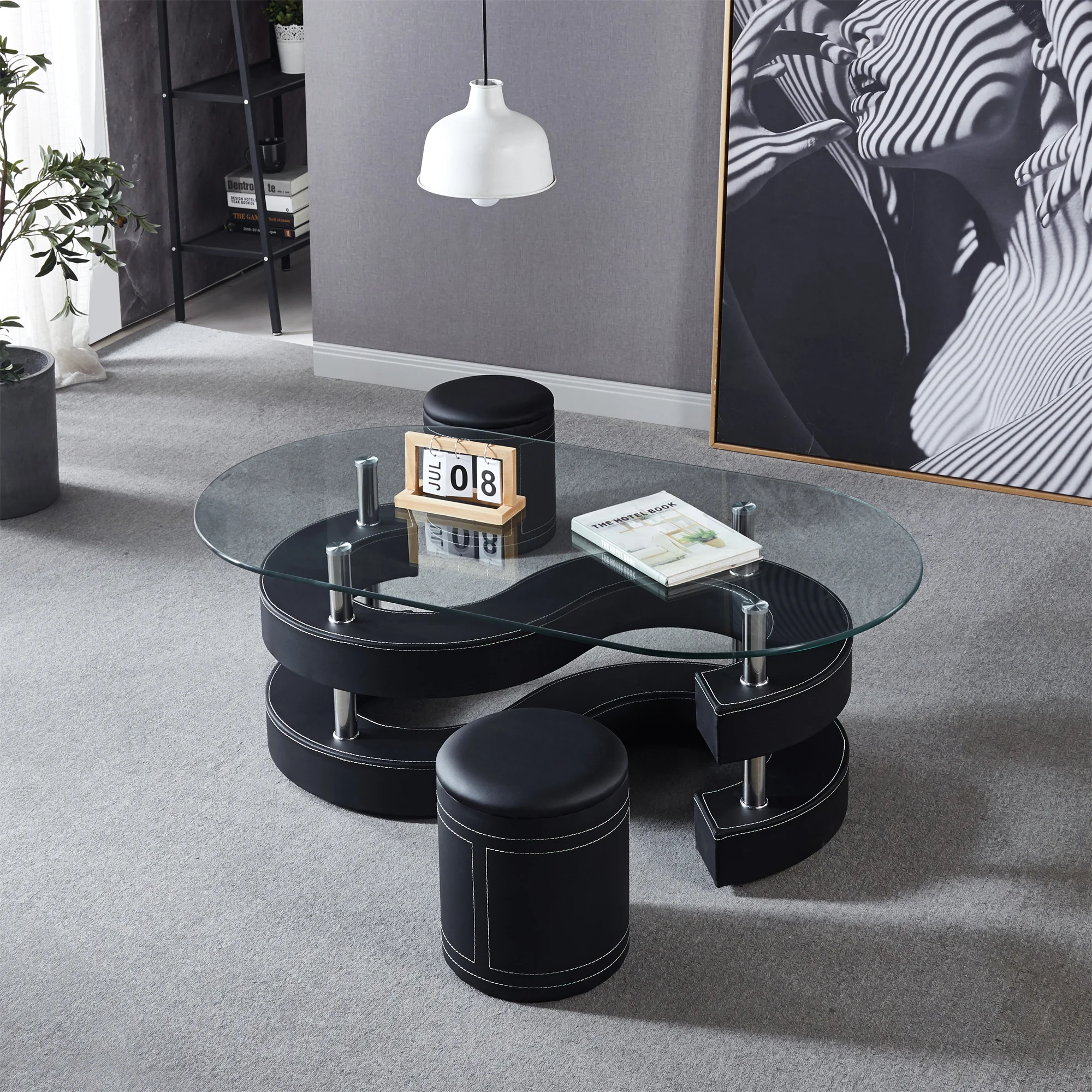 

[Flash Sale]3 Pieces Coffee Table Set Oval 10mm/0.39" Thick Tempered Glass Table and 2 Leather Stools Black/White/Brown[US-W]