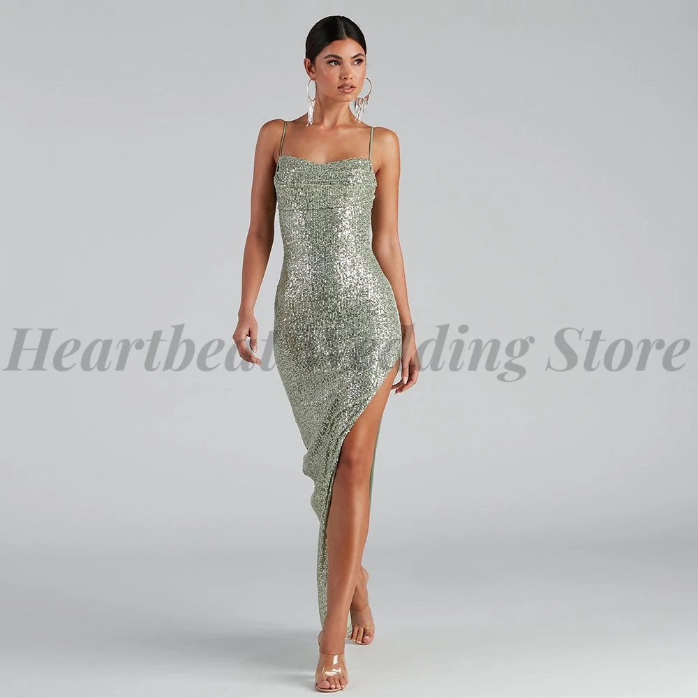 

Sage Glitter Evening Dresses Mermaid Floor Length High Side Split Off-The-Shoulder Strapless Backless Sequins Formal Party Gowns
