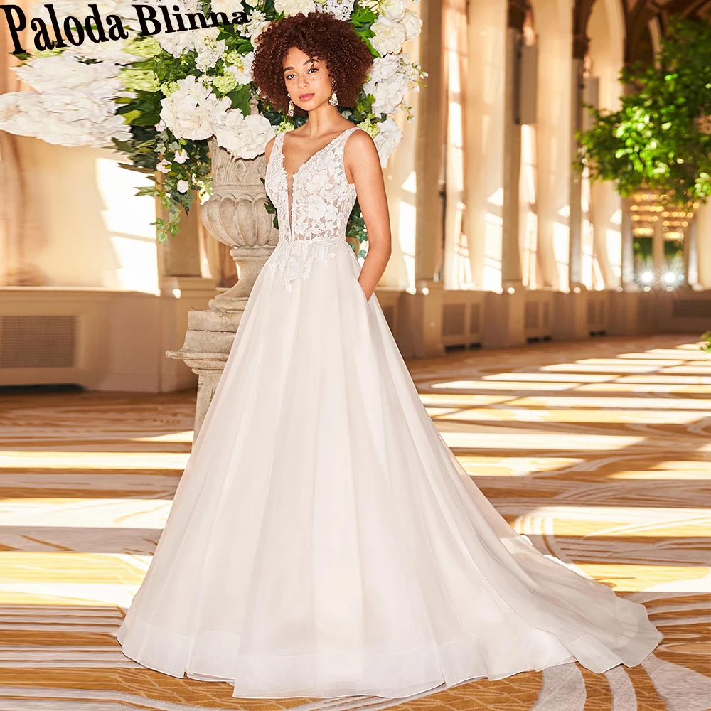 

Paloda Classic Backless Tank Wedding Dresses For Women V-Neck Sleeveless A-LINE Court Train Pleat Vestidos De Novia Brautmode