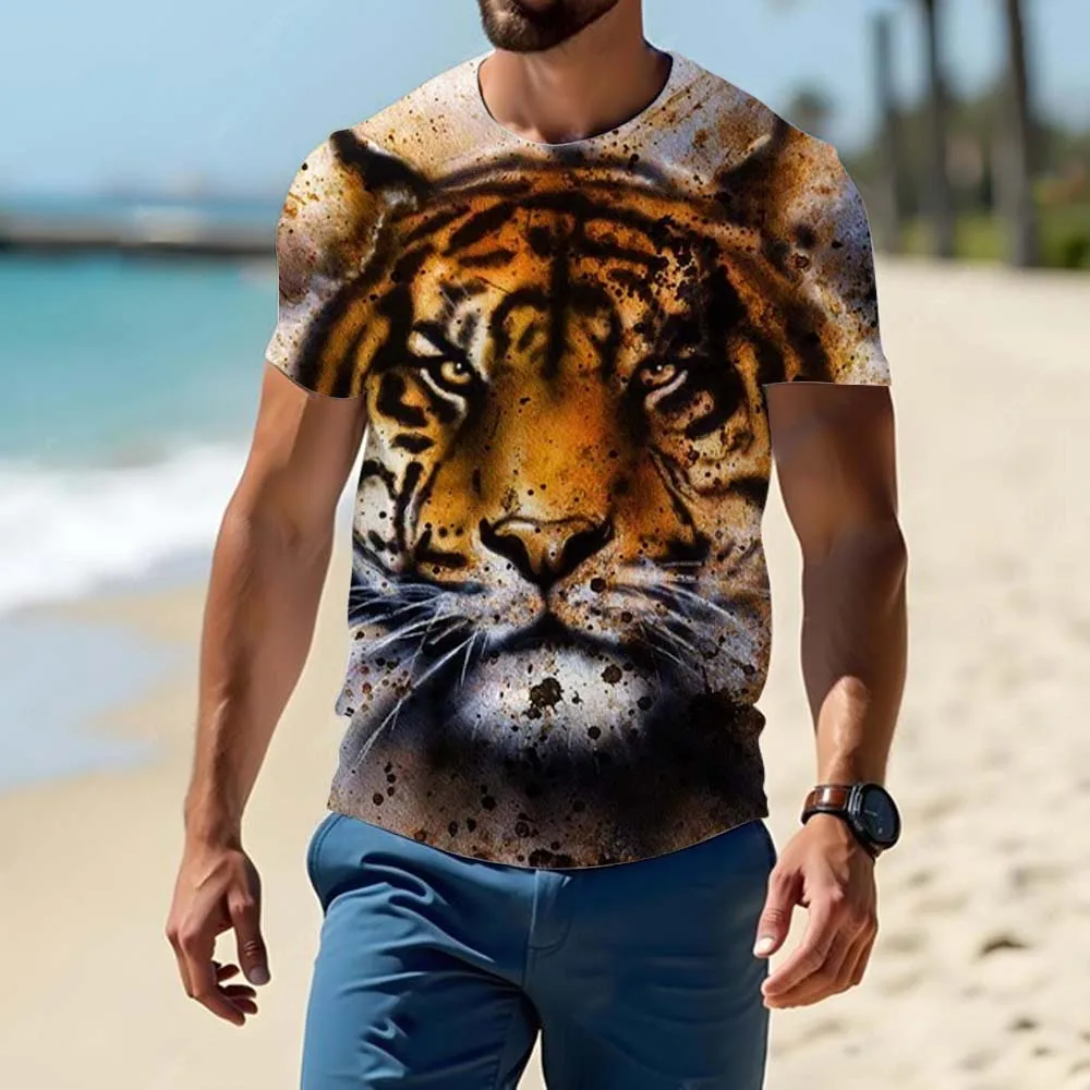 Летняя мужская модная футболка короткий рукав из 100% полиэстера 3d-принт Тигр