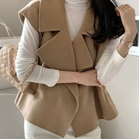 clothland women elegant woolen jacket sleeveless open stitch sleeveless coat waistcoat autumn outwear vest mujer ca312