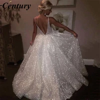 century sparkly bling dubai wedding dresses sexy back open long a line v neck wedding gown white women bridal dresses plus size