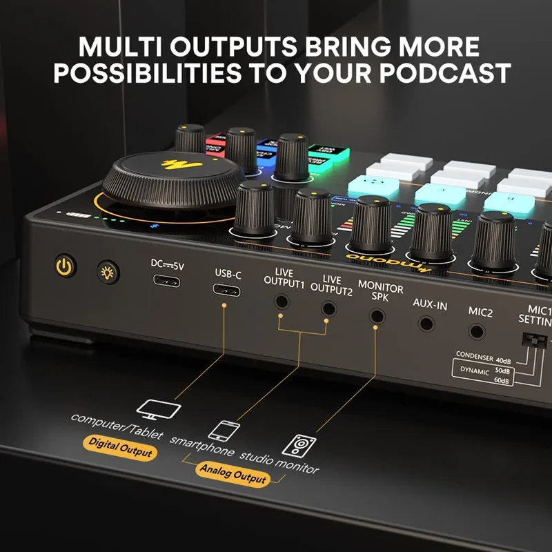 Maono Audio Interface DJ Mixer All in One Portable Podcast Studio for Recording Live Streaming Youtube Guitar PC Sound Card Kit 2