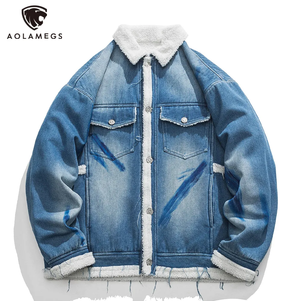 

Fleece Men's Denim Jacket Streetwear Hip Hop Blue Splicing Winter Jacket Coats Fashion Casual Loose Parkas High Street Outwear