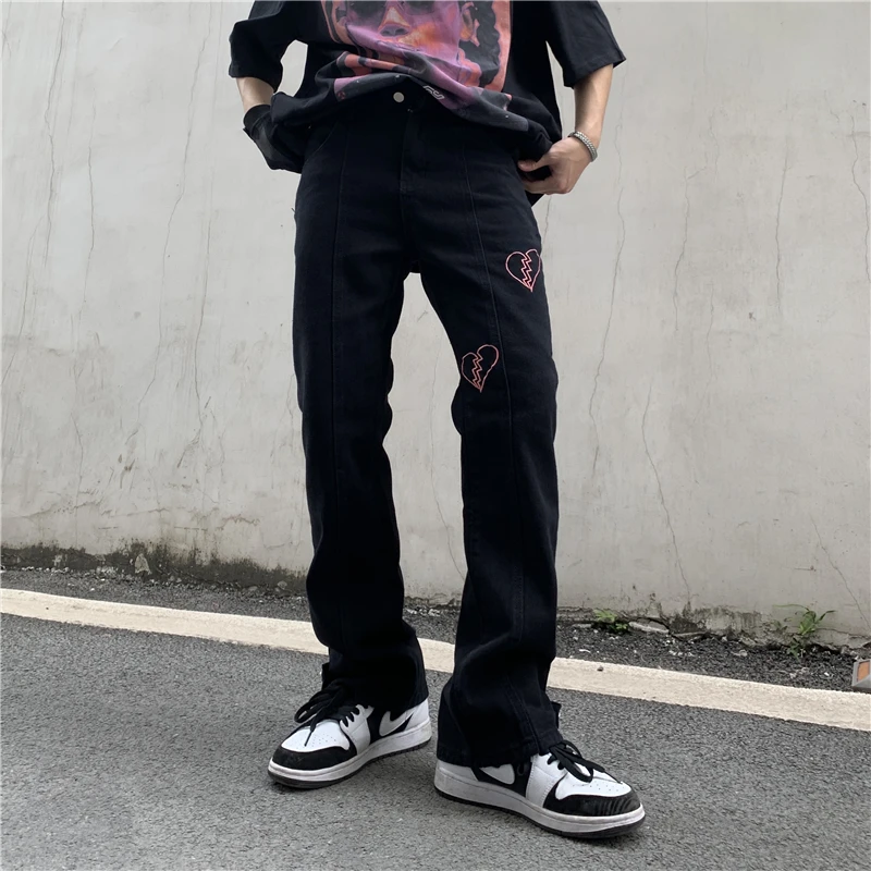 Heart Pattern Jeans for Men Baggy Pants Embroidery Graphic Casual Hip Hop Streetwear Women's Trendyol Printed Harajuku Men's