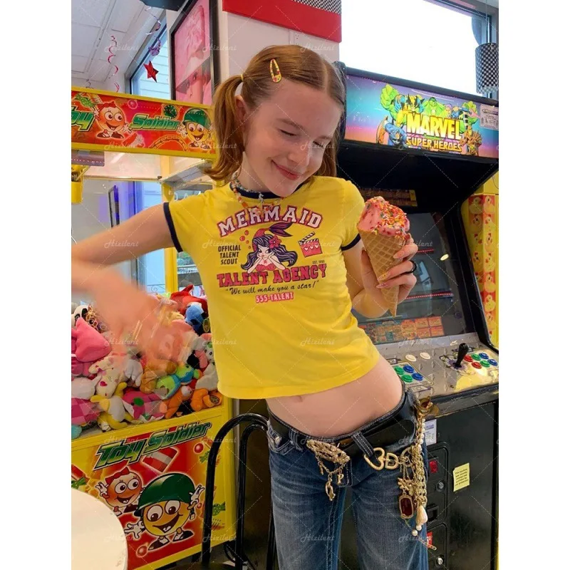 

Популярные укороченные пупки, женские летние модные новые пикантные топы, брендовые Топы с коротким рукавом и принтом для девушек