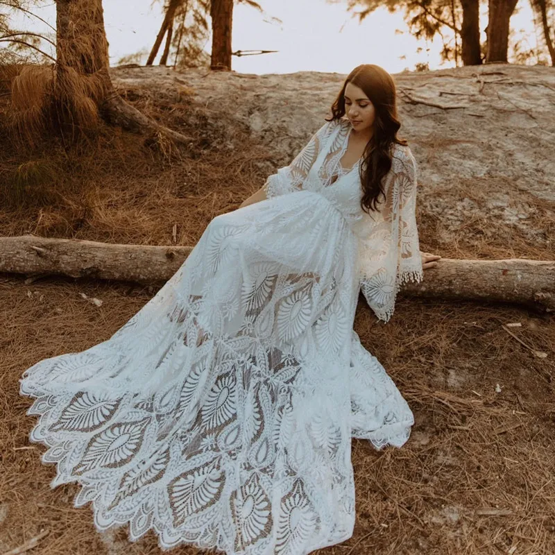 Boho Fringe Maternity Photography Props Lace Long Dresses Pregnancy Outfit For Photo Shoot Floor Length Beach Wedding Maxi Gown