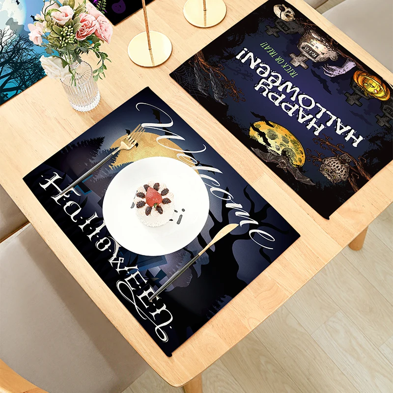 

Happy Halloween Horror Night Black Cat Haunted Castle Witch Decorative Placemats for Dining Table Kitchen Linen 32x42cm