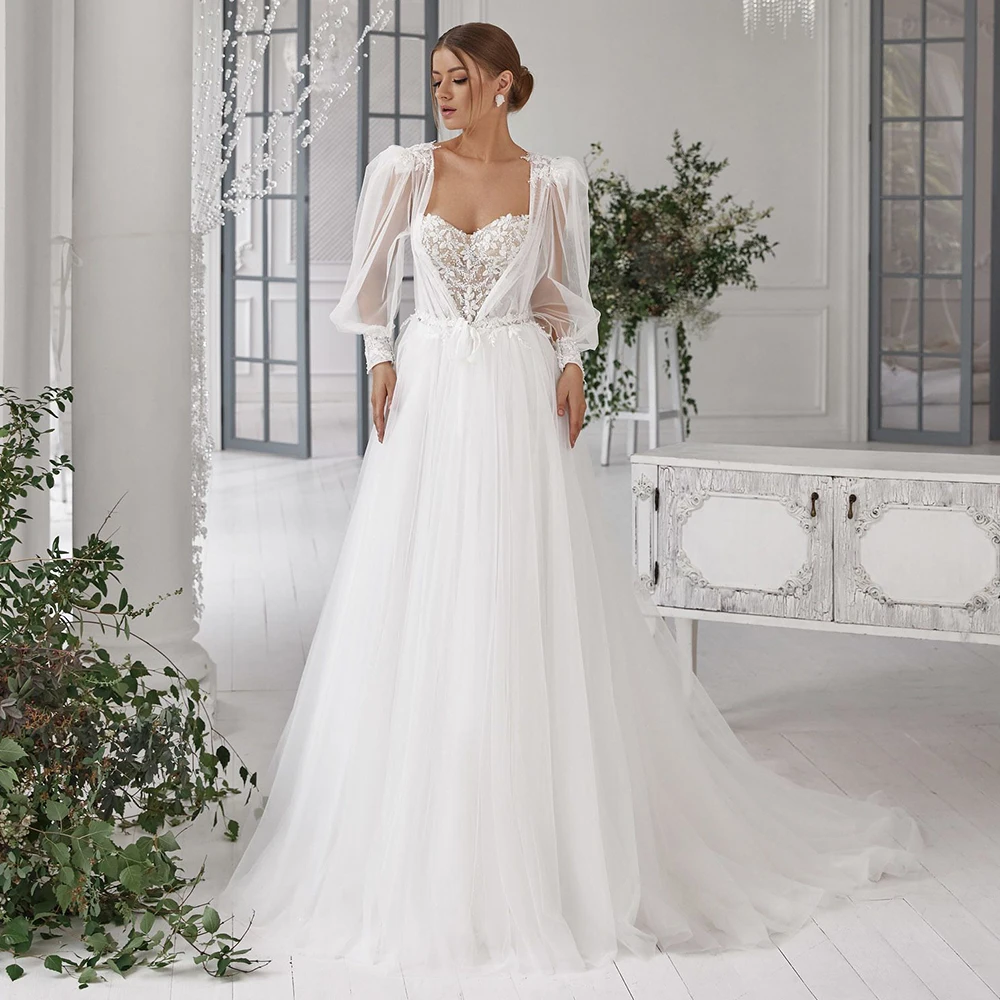 

Luxury Wedding Dress with Jacket Long Sleeves Sequined Applique Wedding Gowns for Women 2023 Sweetheart A Line Bridal Dresses