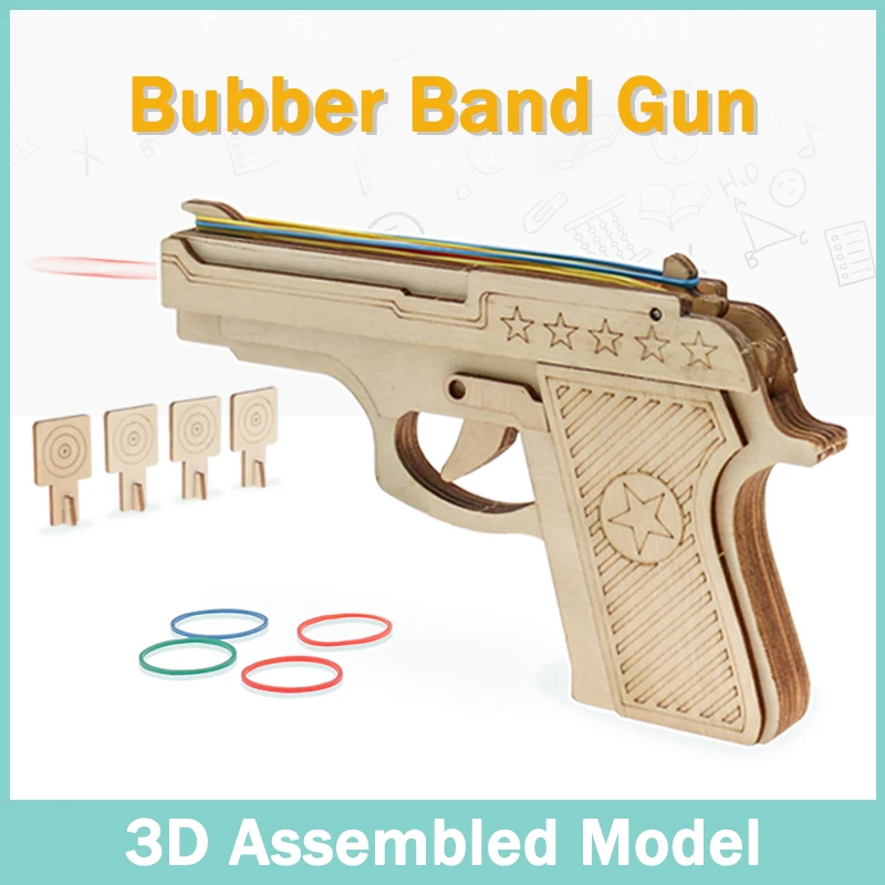 

170x20x100mm Rubber Band Gun 4 Times Continuous Firing DIY Rubber Band Wooden Pistol Hand-Assembled Model Children's Toys