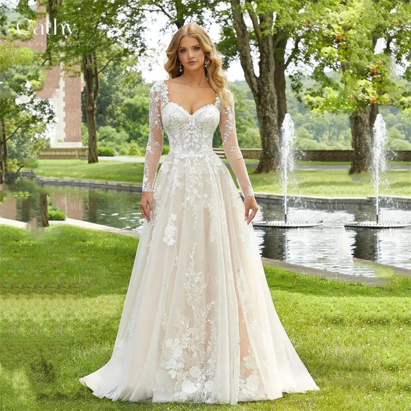 

Grace Lace Embroidery A-line Wedding Dress Sweetheart Long Sleeves Wedding Dress Boho Tulle Sweep Train Vestidos De Fiesta