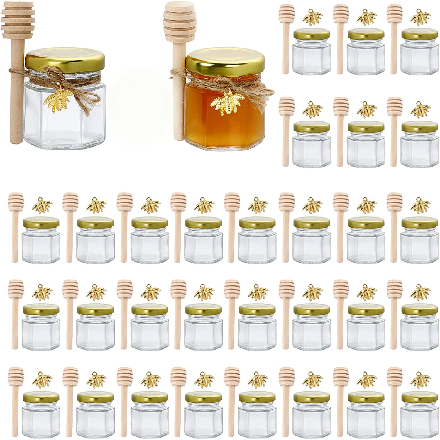 

Hexagon Mini Glass Jar with Wood Dipper Gold Lid Bee Small Containers Bottles for Jam Candies Baby Shower Wedding Party Favors