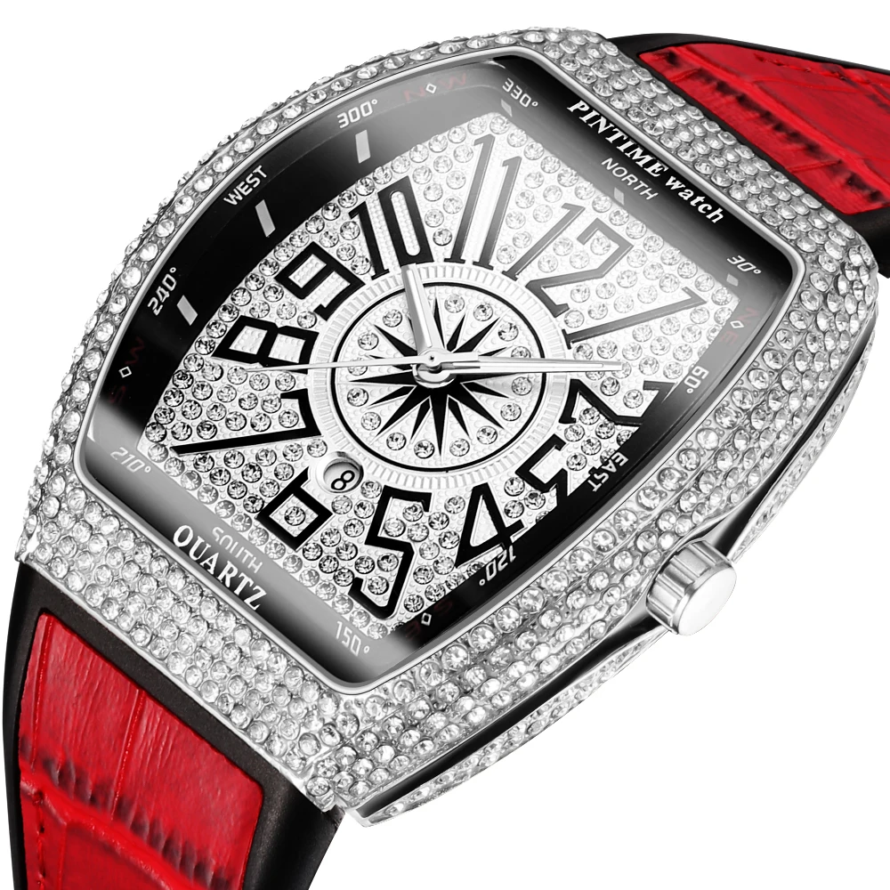 

New Tonneau Watch Men Diamond Blue Hip Hop Mens Watches Top Brand Luxury Military Man Wrist Watch Zegarek Meski Montre Homme