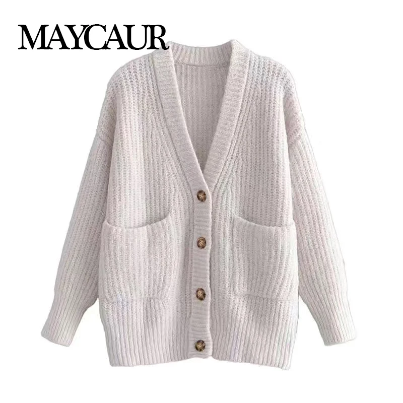 

Loose Knit Cardigan Sweater Vintage V Neck Long Sleeve Female Outerwear 2022 Winter Fashion Casual With Pockets Chic Tops Women