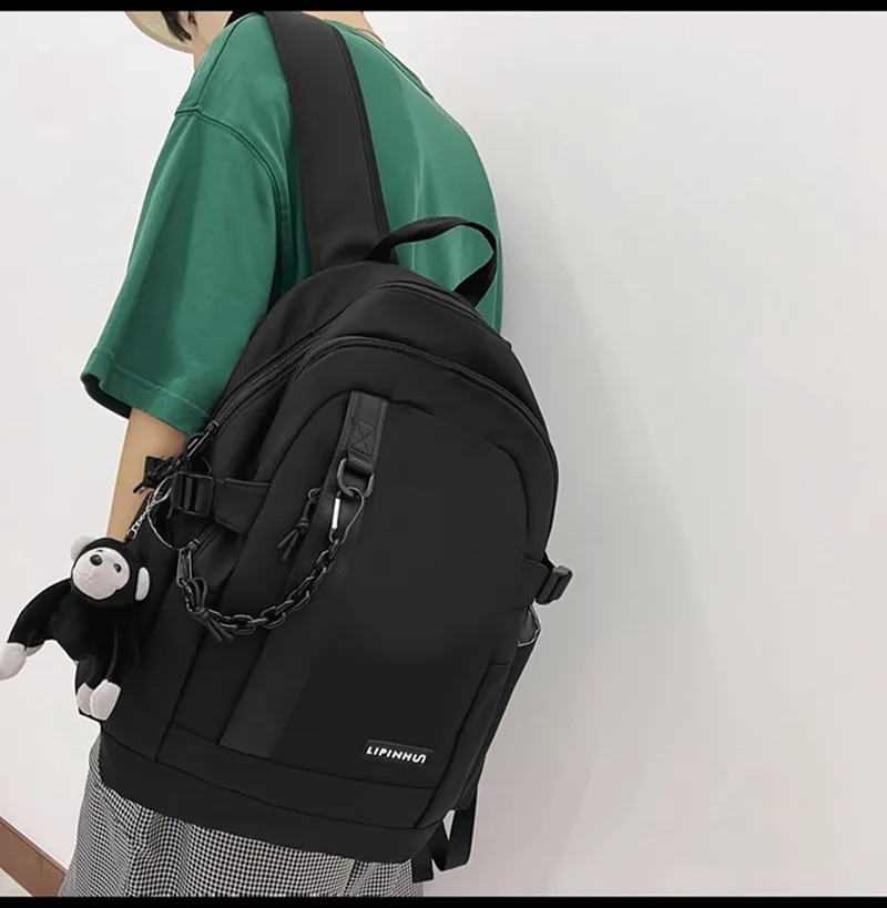 Casual Couples Backpack Korean Version Of Simple Solid Colour Personality Chain Shoulder Bag Junior High School College Students