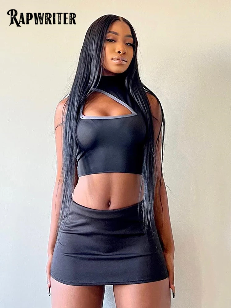 

Rapwriter Asymmetric Hole Cut Out 2 Piece Sets Women Lace Up Corset Top+ Hip Skirt Sexy Clubwear Summer Skinny Outfit 2 Piec Set