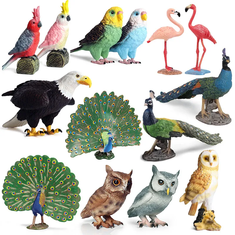 

Экшн-фигурки в виде больших диких животных, лысого орла, совы, фламинго, павлина, птицы, животные, фигурки в виде попугая, Детские обучающие игрушки, подарки