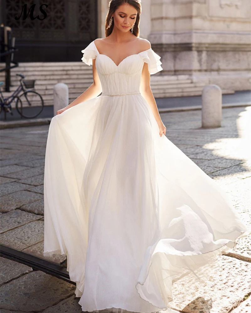 

MS A Line Chiffon Weding Dress Off The Shoulder Princess Robe De Mariee Floor Length Briddal Party Gowns For Bride Custom Made