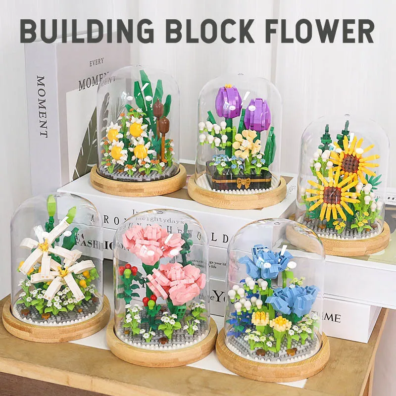 

Creative Flowers Bouquet Bonsai Sunflower Carnation Tulips 3D Model Building Blocks Daisy Plant Potted Micro Bricks Toy Kid Gift