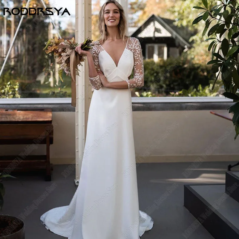 Купи RODDRSYA V-Neck Lace Wedding Dresses For Women Soft Satin Appliques Bridal Gowns Civil Backless Custom Made vestido noiva boho за 5,357 рублей в магазине AliExpress