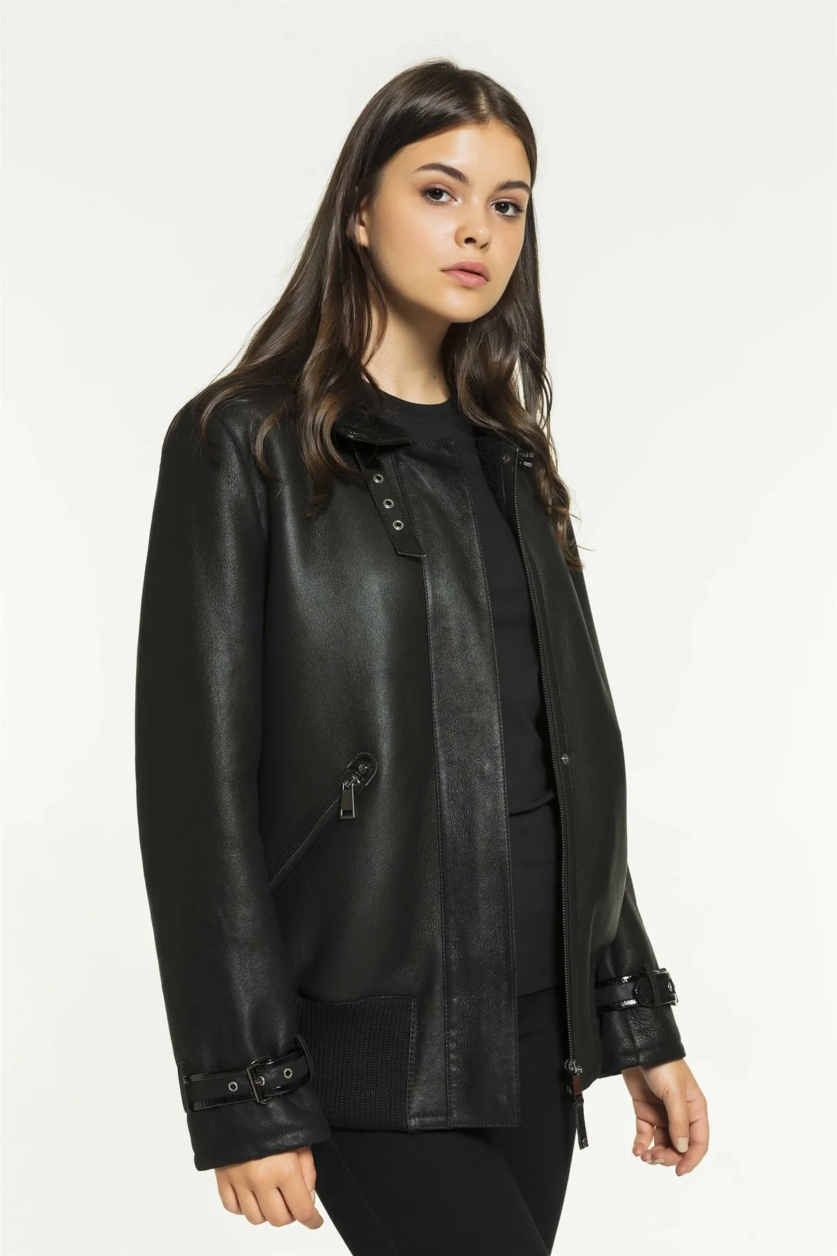Women's College Black Shearling Leather Jacket Genuine Lambskin Biker Coat New Year Fashion Casual Wear Winter Coat Casual Wear