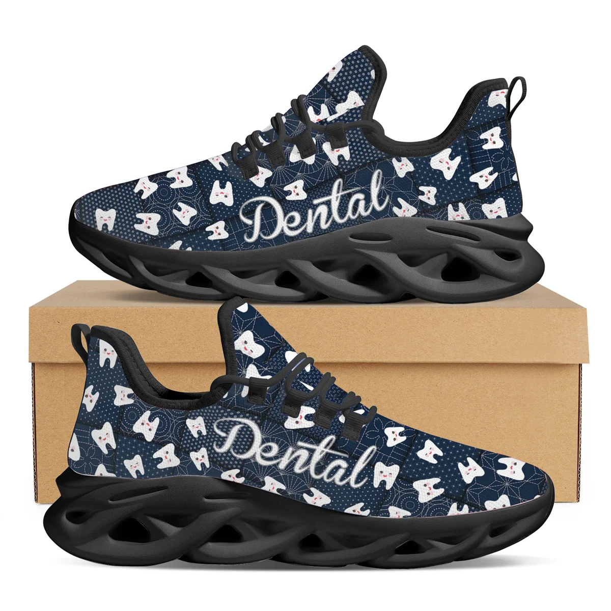 

Doginthehole Cute Dental Tooth Print Flat Shoes Women's Casual Sneakers Classic Cartoon Lace-up Shoes Females Footwear Durable