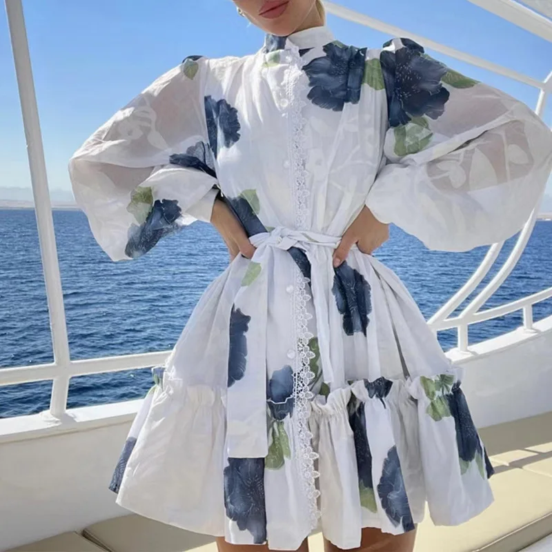 

New Women Flower Print Women Dress Fashion Stand Collar Long Sleeve Dresses 7187