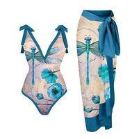 blue fashion v neck print one piece swimsuit set dragonfly summer print floral swiming suit 2022 luxury womens bandage