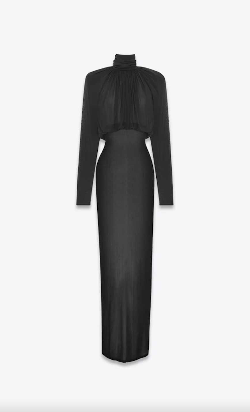 

Fantastic Fall 2023 Women Office Lady Elegant Semi-Sheer High Neck Draped Maxi Dress Sexy Back Cut Out Long Dress High Street