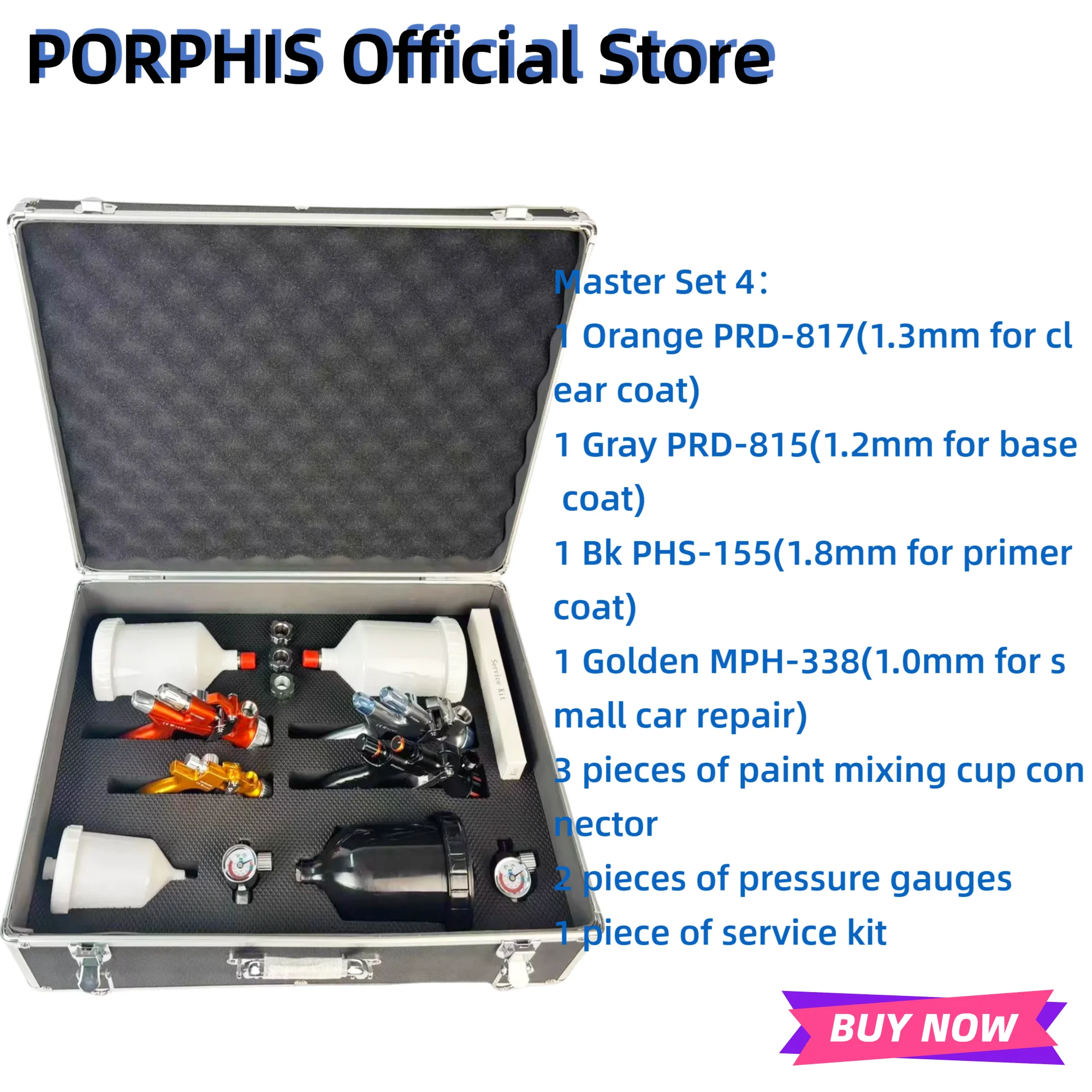 Фото Оригинальный набор пневматических пистолетов-распылителей PORPHIS PRD-817 PRD-815 PHS-155 MPH-338 для полнопокрытия автомобильной покраски автомобиля №4