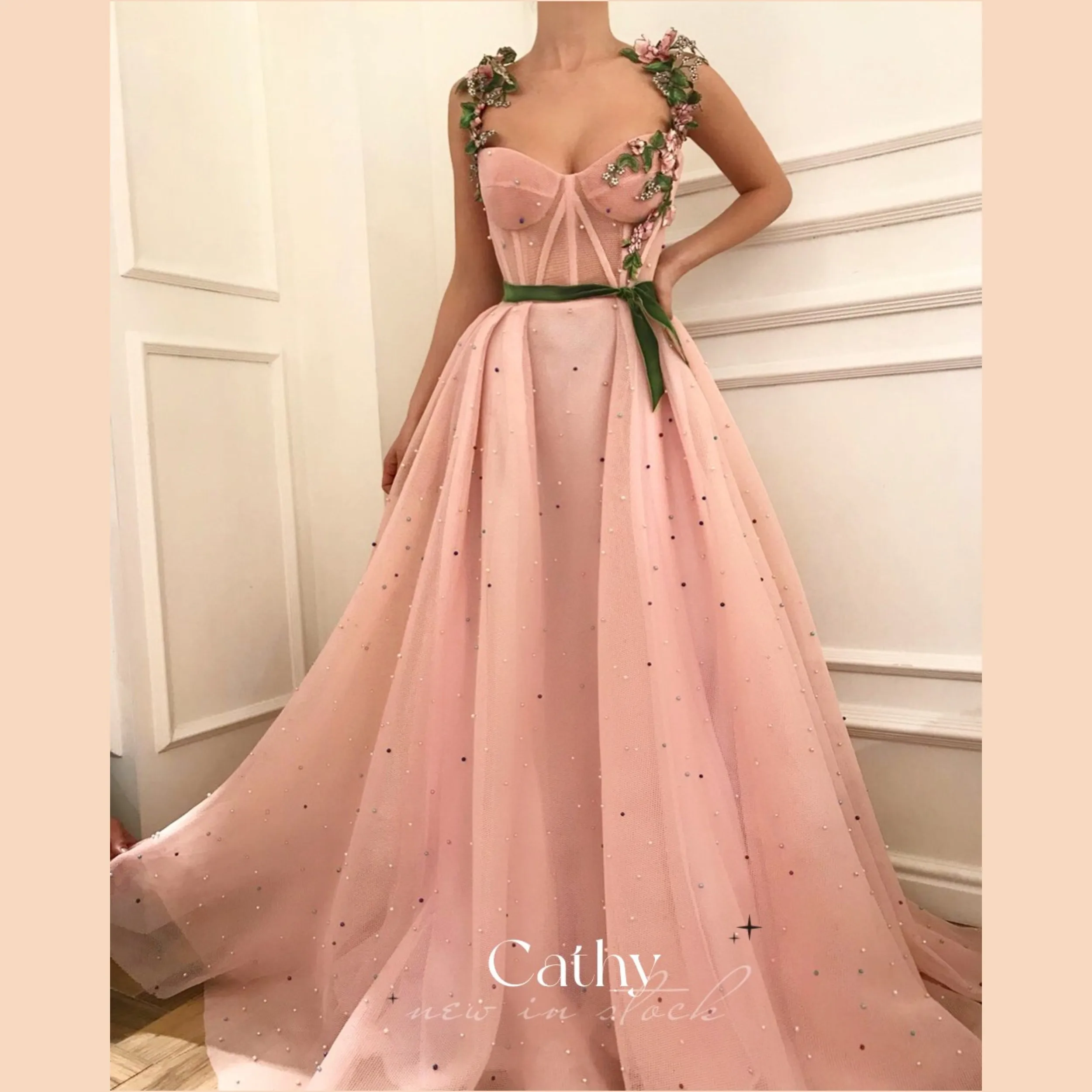 

Cathy Pink Prom Dresses Spaghetti Straps Handmade Flowers A-Line Arabic Graduation Party Evening Dress Custom Vestidos De Fiesta