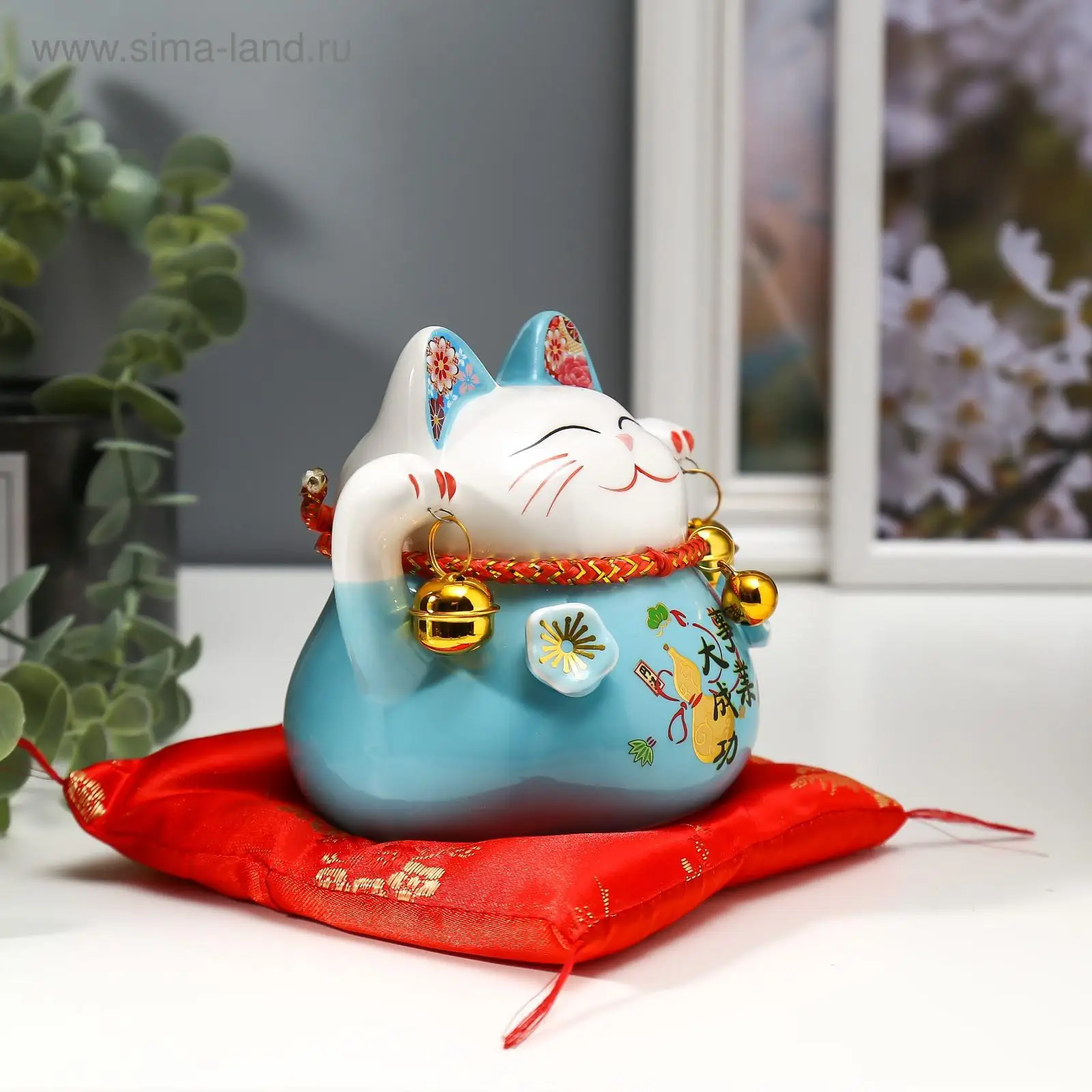Сувенир керамика копилка Голубой кот Манэки-нэко с колокольчиками 11 5х11 5х9 5 см