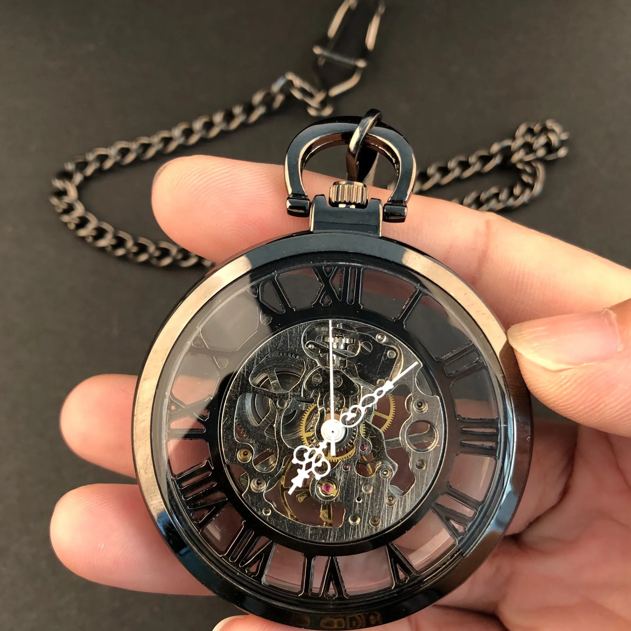 Personality Vintage Hollow Transparent Mechanical Pocket Watch For Men Roman Numerals Pendant Chain Hand Wind Fob Watches