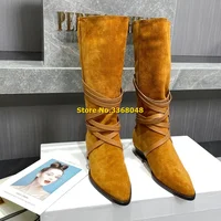 2022 Suede Knee High Boots Retro Strap Knee High Brown Beige Autumn Winter Women Shoes Pointed Toe Chunky Heel Boots