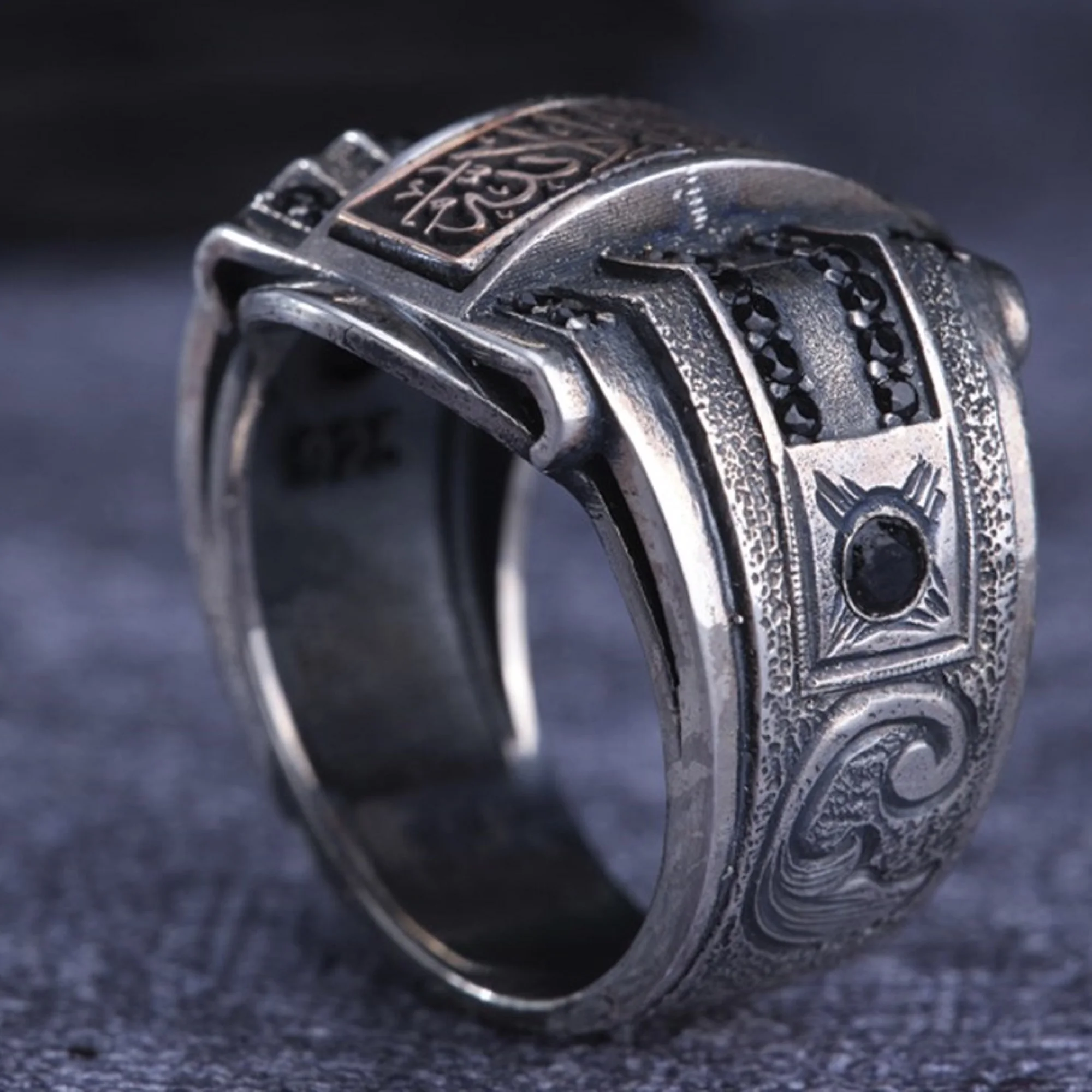 Mens Silver Ring Adjustable 925 Sterling Silver Handmade Jewelry Turkish Ring Arched Ring Black Zircon Stone Natural Rings